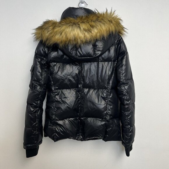 S13 Womens Kylie Down Puffer Jacket with Faux Fur Detachable Hood Sz L Black NWT - Picture 2 of 12